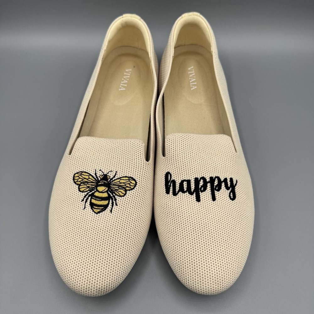 Vivaia Round-Toe Embroidered Loafers Audrey cream ivory-bee happy Sz 39.5/8.5